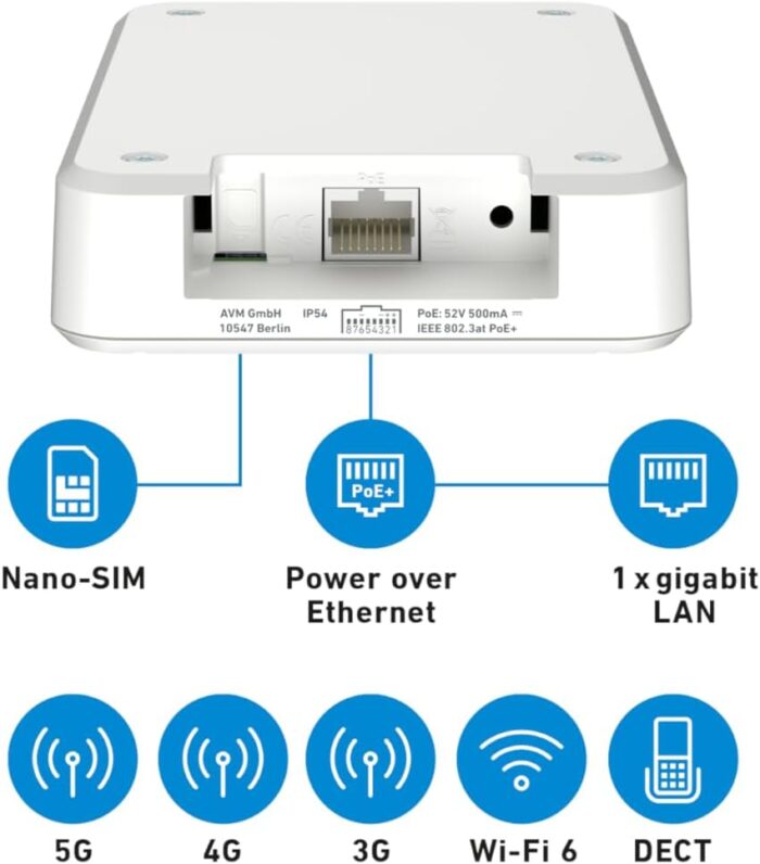 FRITZ!Box 6860 5G (Mobilfunk-Router mit bis zu 1.300 MBit/s in 5G/LTE, Wi-Fi 6 mit bis zu 3.000 MBit/s, Power over Ethernet (PoE+), staub- und spritzwassergeschütztes Gehäuse, DECT-Basis)