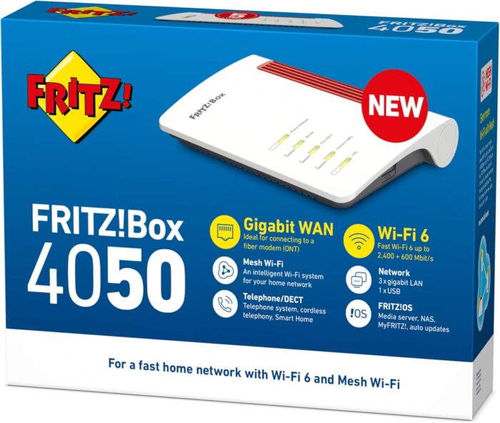 AVM Fritz!Box 4050 WLAN 6 Dual Band Router bis zu 3.000 Mbit/s, für Operator und ONT Modem 1x Wan Gb, 3X LAN Gb, 1x USB, Access Point, Mesh, DECT, Medienserver, VPN, VOIP