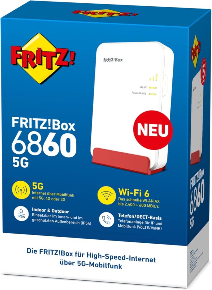 FRITZ!Box 6860 5G (Mobilfunk-Router mit bis zu 1.300 MBit/s in 5G/LTE, Wi-Fi 6 mit bis zu 3.000 MBit/s, Power over Ethernet (PoE+), staub- und spritzwassergeschütztes Gehäuse, DECT-Basis)