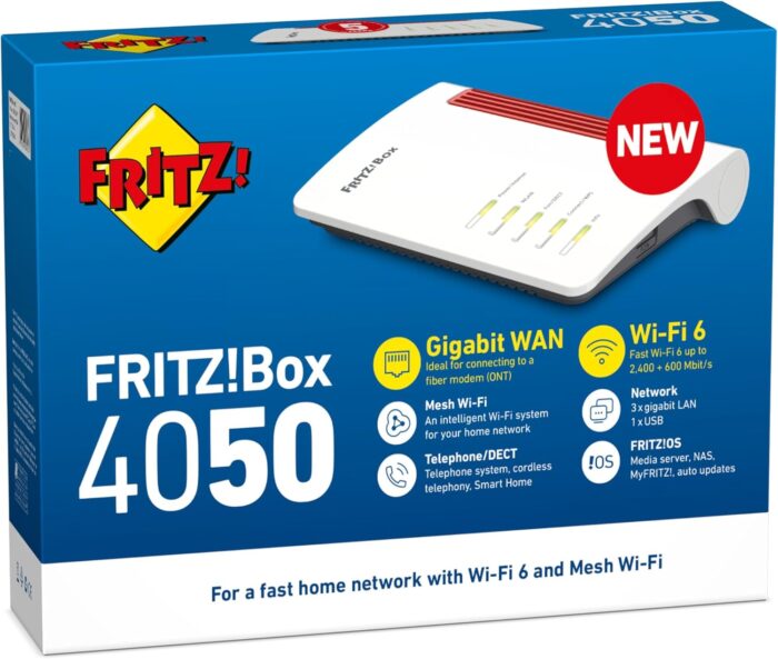 AVM Fritz!Box 4050 WLAN 6 Dual Band Router bis zu 3.000 Mbit/s, für Operator und ONT Modem 1x Wan Gb, 3X LAN Gb, 1x USB, Access Point, Mesh, DECT, Medienserver, VPN, VOIP