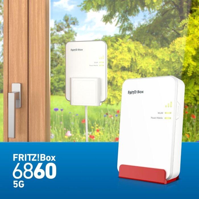 FRITZ!Box 6860 5G (Mobilfunk-Router mit bis zu 1.300 MBit/s in 5G/LTE, Wi-Fi 6 mit bis zu 3.000 MBit/s, Power over Ethernet (PoE+), staub- und spritzwassergeschütztes Gehäuse, DECT-Basis)