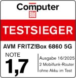FRITZ!Box 6860 5G (Mobilfunk-Router mit bis zu 1.300 MBit/s in 5G/LTE, Wi-Fi 6 mit bis zu 3.000 MBit/s, Power over Ethernet (PoE+), staub- und spritzwassergeschütztes Gehäuse, DECT-Basis)