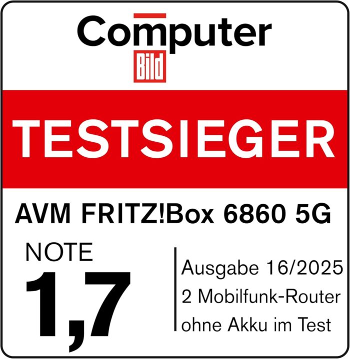 FRITZ!Box 6860 5G (Mobilfunk-Router mit bis zu 1.300 MBit/s in 5G/LTE, Wi-Fi 6 mit bis zu 3.000 MBit/s, Power over Ethernet (PoE+), staub- und spritzwassergeschütztes Gehäuse, DECT-Basis)