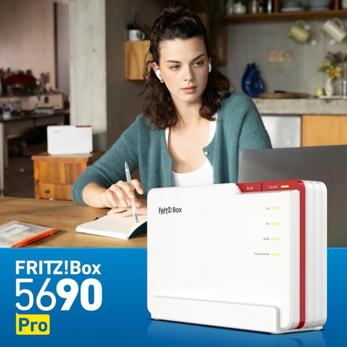 FRITZ!Box 5690 Pro (Wi-Fi 7 Premium DSL- und Glasfaser-Router mit Triband (2,4 GHz, 5 GHz, 6 GHz) bis zu 18,5 GBit/s, für Glasfaser & DSL-Anschlüsse, WLAN Mesh, DECT-Basis, deutschsprachige Version)
