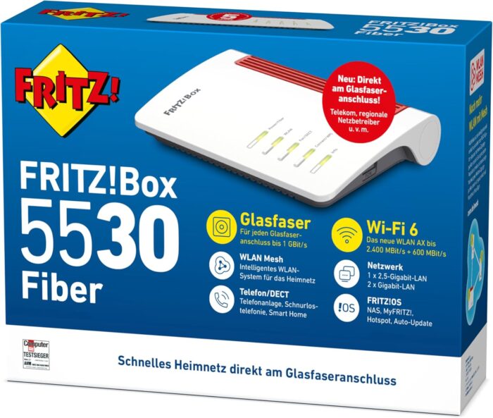 FRITZ!Box 5530 Fiber | Router für einen Glasfaseranschluss (Glasfasermodem mit 2x2 Wi-Fi 6 (WLAN AX), bis zu 3 GBit/s, 2.5-Gigabit-LAN-Port, geeignet für Deutschland)