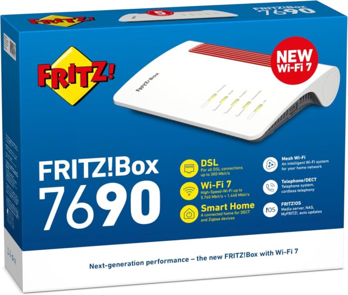FRITZ!Box 7690 international (Wi-Fi 7 DSL-Router mit 5.760 MBit/s (5GHz) & 1.376 MBit/s (2,4 GHz), bis zu 300 MBit/s mit VDSL-Supervectoring, WLAN Mesh, DECT-Basis, internationale Version)