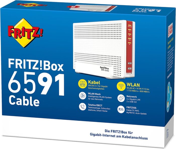 AVM FRITZ!Box 6591 Cable WLAN AC + N Router (DOCSIS-3.1-Kabelmodem, Dual-WLAN Ac+N (MU-MIMO) mit 1733 (5 GHz) + 800 Mbit/S (2,4 GHz), VoIP-Telefonanlage) (Generalüberholt)