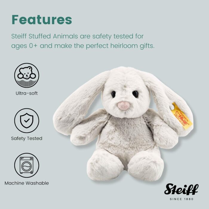 Steiff Hoppie Hase 18 cm hellgrau, Plüschtier Hase mit Schlappohren, Soft Cuddly Friends, flauschiges Stofftier zum Kuscheln und Spielen, Kuscheltier für Mädchen und Jungen, waschmaschinenfest