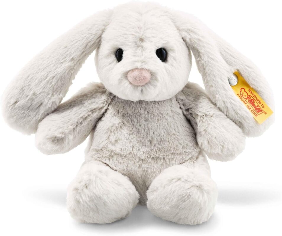 Steiff Hoppie Hase 18 cm hellgrau, Plüschtier Hase mit Schlappohren, Soft Cuddly Friends, flauschiges Stofftier zum Kuscheln und Spielen, Kuscheltier für Mädchen und Jungen, waschmaschinenfest